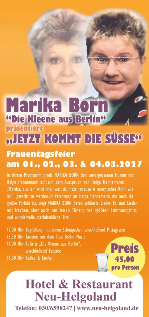Eventflyer Frauentage 2027 Helga Hahnemann Show mit Marika Born – „Die Kleene aus Berlin“